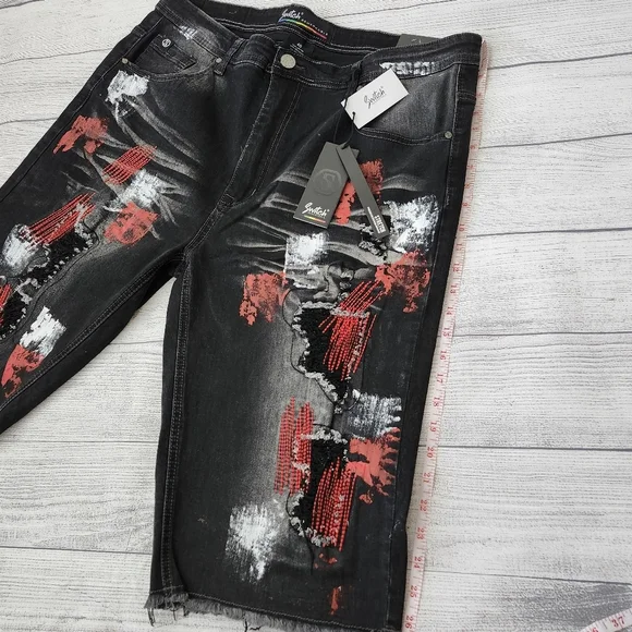 Black and Red Splatter Paint Distressed Men's Biker Shorts (Size 40 & 42) - Picture 10 of 15